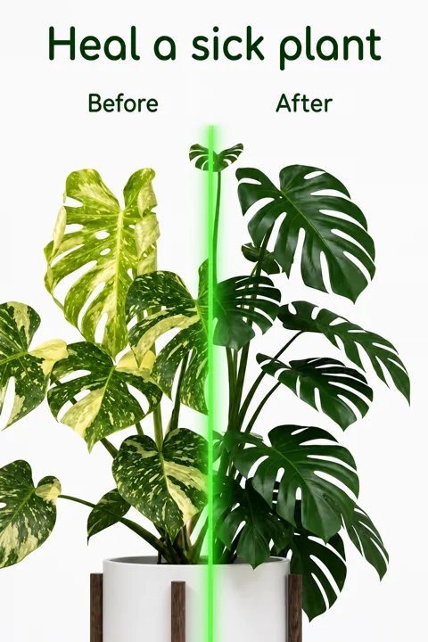 A sick plant before and after treatment, side by side.