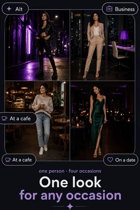One person styled for four different occasions.